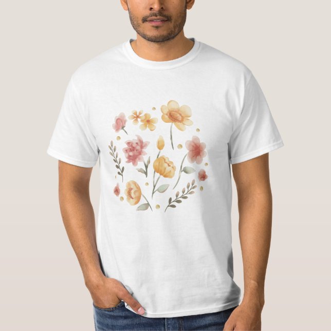 Camiseta Flores e folhas de cor d'água (Frente)