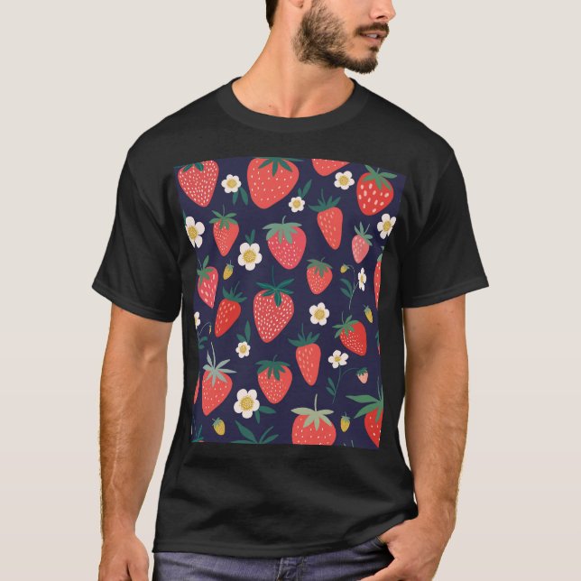 Camiseta Flores e Frutas de morango: Padrão Decorativo (Frente)