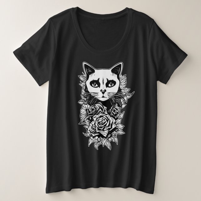 Camiseta Flores E Gatos Góticos (Frente do Design)
