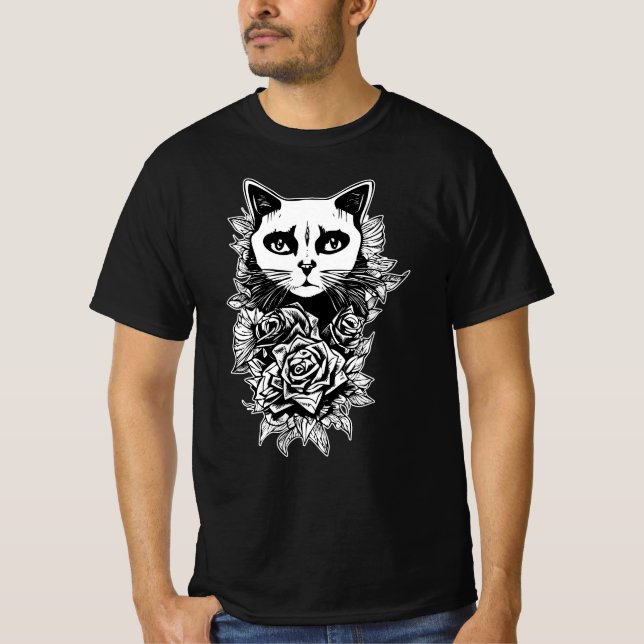 Camiseta Flores E Gatos Góticos (Frente)