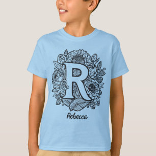 Camiseta Flores em estilo de tatuagem monogramada preto e b