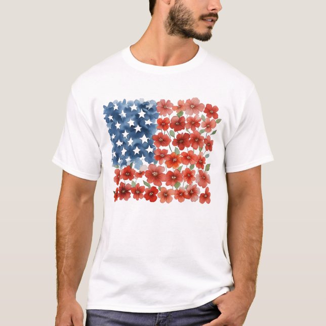Camiseta Flores EUA Bandeira Patriótica Quarto 4 de julho (Frente)