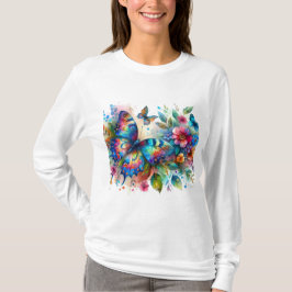 Camiseta Flores Florais De Borboleta De Aquarela Azul Rosa