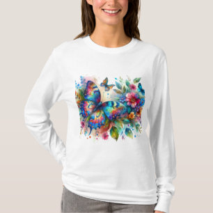 Camiseta Flores Florais De Borboleta De Aquarela Azul Rosa