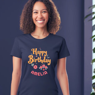 Camiseta Flores Florais Feliz Aniversário Handlettering