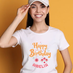Camiseta Flores Florais Feliz Aniversário Handlettering