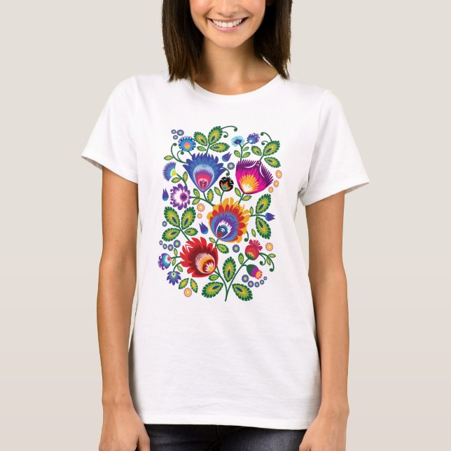 Camiseta Flores folclóricas, mistura de cores 4 (Frente)