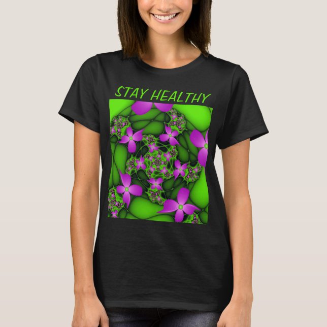 Camiseta Flores Fractais Abstratas Modernas Rosa Verde Neon (Frente)