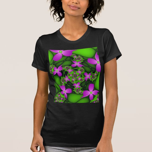 Camiseta Flores Fractais Abstratas Modernas Rosa Verde Neon (Frente)