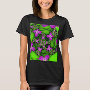 Camiseta Flores Fractais Abstratas Modernas Rosa Verde Neon