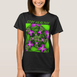 Camiseta Flores Fractais Verdes Rosa-Rosa-Abstrato modernas