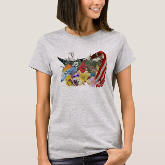 Camiseta flores, pássaros e bandeira