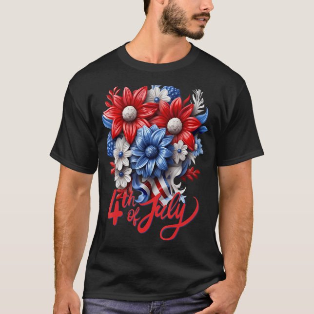 Camiseta Flores Patrióticas em Branco Vermelho e Azul 4 de  (Frente)