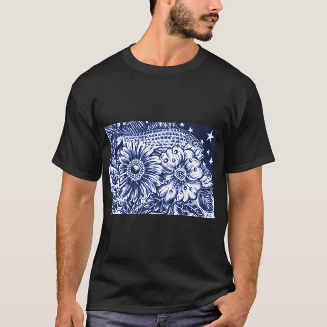 Camiseta Flores, Peixes e Estrelas à Meia-Noite Desenho (Frente)