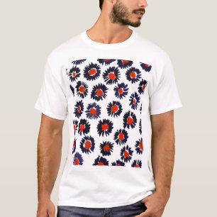 Camiseta Flores pintadas à mão, padrão vermelho e azul.