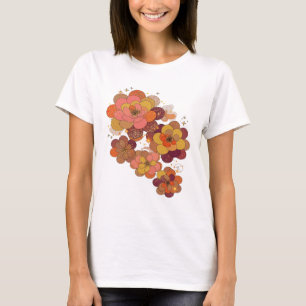 CAMISETA FLÔRES PRATEADAS LARANJA E ROSA COM ESTRELAS DORAD