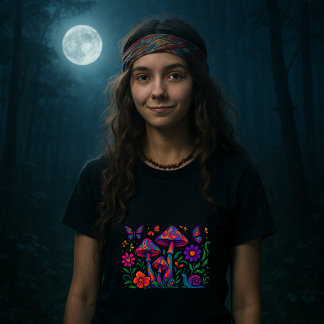 Camiseta Flores Psicodélicas e Cogumelos Retro