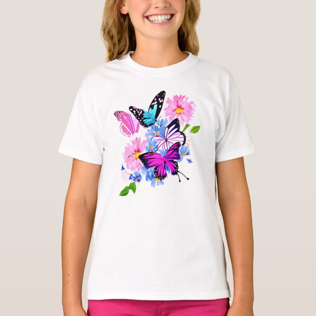 Camiseta Flores rosa e azul e borboleta (Frente)