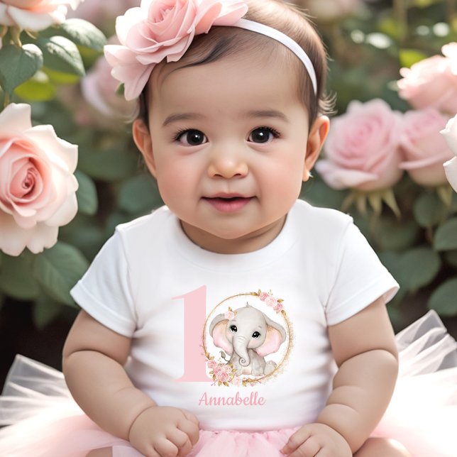 Camiseta Flores Rosa-Elefante-Cor-de-Rosa-Bonito (Cute Elephant Pink Flowers Girl Baby T-Shirt)