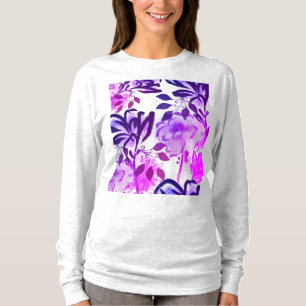 Camiseta Flores Rosa Roxo Padrão Botânico