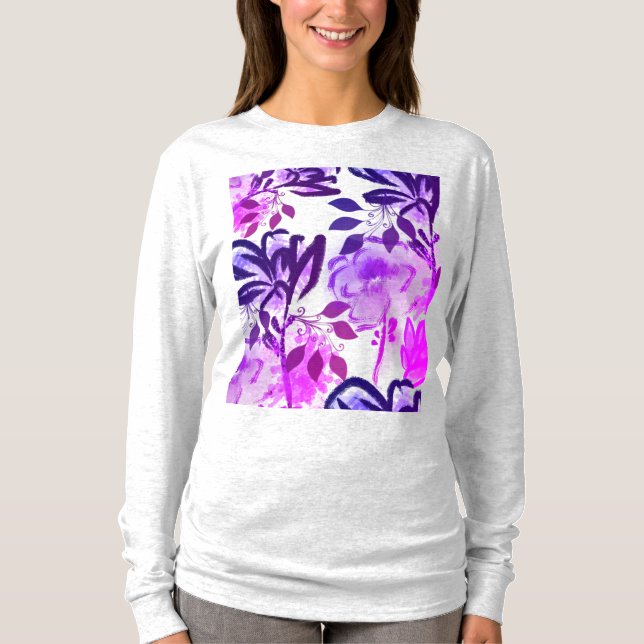 Camiseta Flores Rosa Roxo Padrão Botânico (Frente)