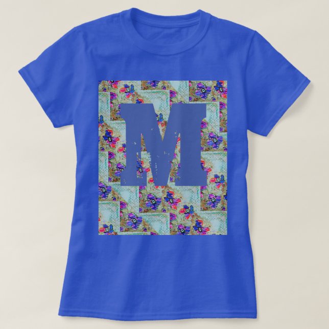 Camiseta Flores roxas e azuis quadrados Zigzags (Frente do Design)