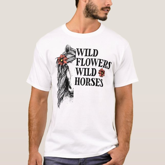Camiseta Flores Selvagens Cavalos Selvagens, Cavalos-de-Cor (Frente)