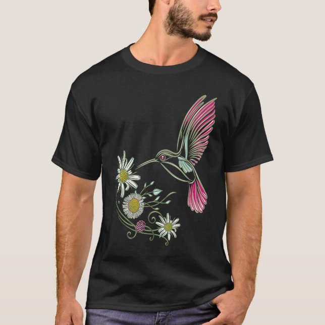 Camiseta Flores selvagens com margarida de beija-flor e flo (Frente)