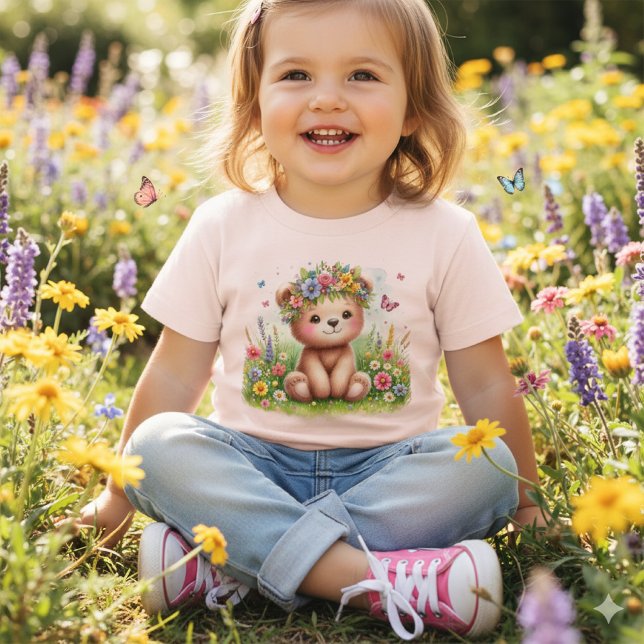 Camiseta Flores selvagens e Borboletas Beary Cute ( Whimsy in bloom: toddler joyfully picks flowers in teddy tee with butterflies)
