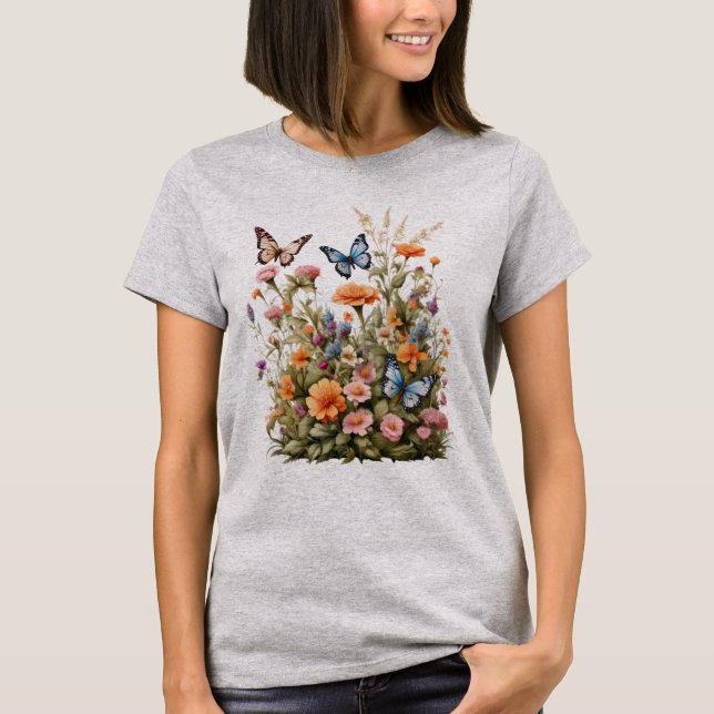 Camiseta Flores Silvestres Borboletas Jardim de Flores Aqua (Frente)