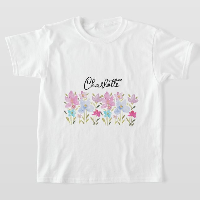 Camiseta Flores Silvestres em Aquarela Rosa Monogramadas (Postura )