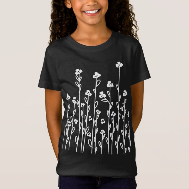 Camiseta Flores silvestres florais, flores brancas e pretas (Frente)