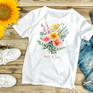 Camiseta Flores Silvestres Rosa Amarelo Aquarela Selvagem e