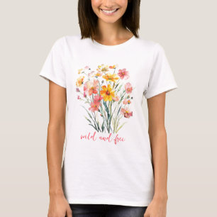 Camiseta Flores Silvestres Rosa Amarelo Aquarela Selvagem e