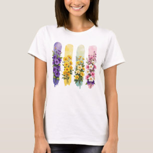 CAMISETA FLÔRES SILVESTRES ROXAS AMARELAS ROSADAS VERDES