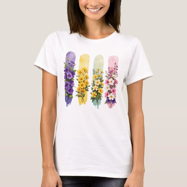 CAMISETA FLÔRES SILVESTRES ROXAS AMARELAS ROSADAS VERDES (Frente)