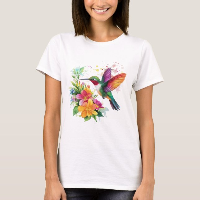 Camiseta Flores Tropicais De Hummingbird (Frente)