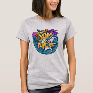 Camiseta Flores Tropicais de Verão Ondas do Oceano da Praia
