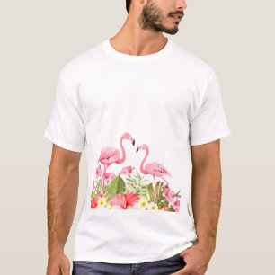 Camiseta Flores Tropicais e Design de Flamingos
