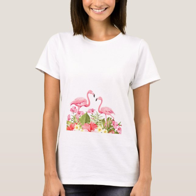 Camiseta Flores Tropicais E Flamingos-32146 (Frente)