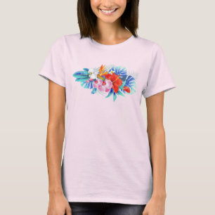 Camiseta Flores Tropicais Exóticas em Rosa e Turquesa