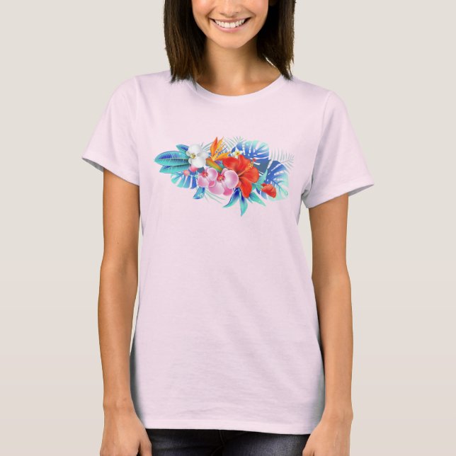 Camiseta Flores Tropicais Exóticas em Rosa e Turquesa (Frente)