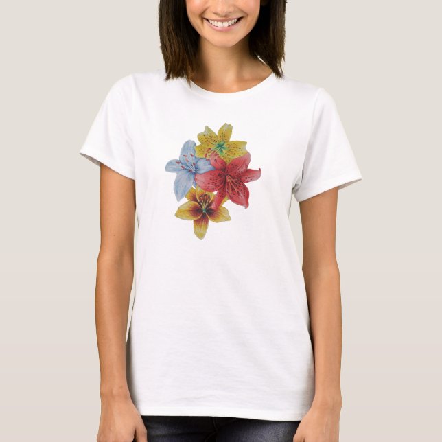 Camiseta Flores vermelhas e amarelas Lily flores, arte flor (Frente)