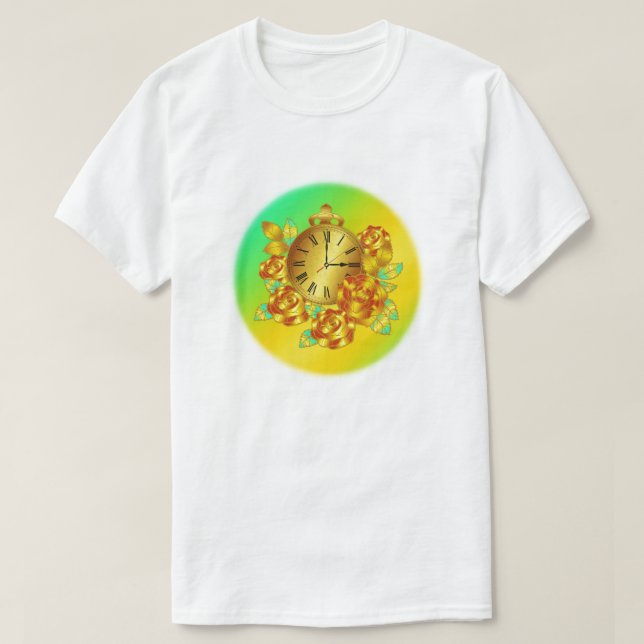 Camiseta Flores vermelhas e Douradas e relógio antigo (Frente do Design)