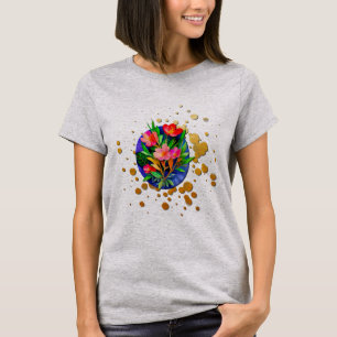 Camiseta Flores Vermelhas, Folhas Verdes e Fundo Dourado