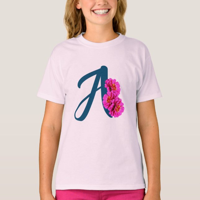 Camiseta Flores Zinnia Monograma Inicial A (Frente)
