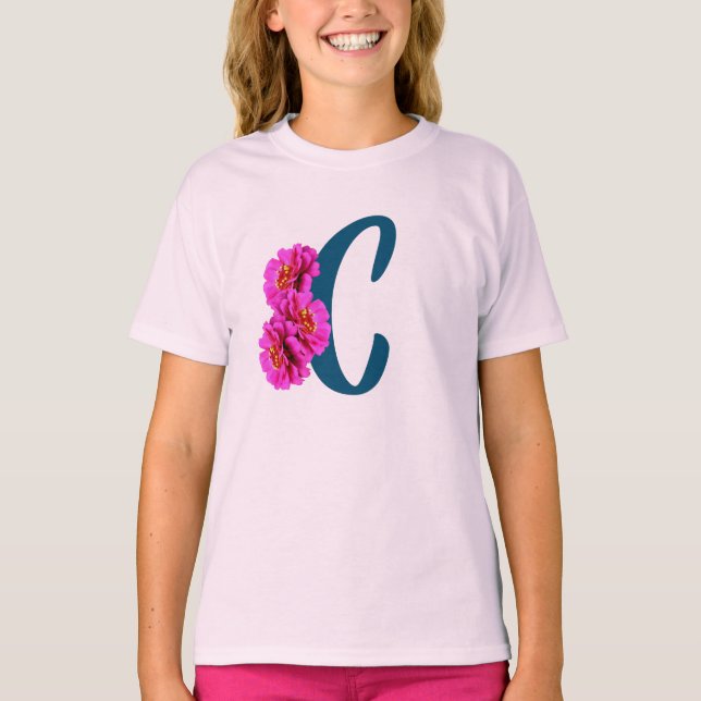 Camiseta Flores Zinnia Monograma Inicial C  (Frente)