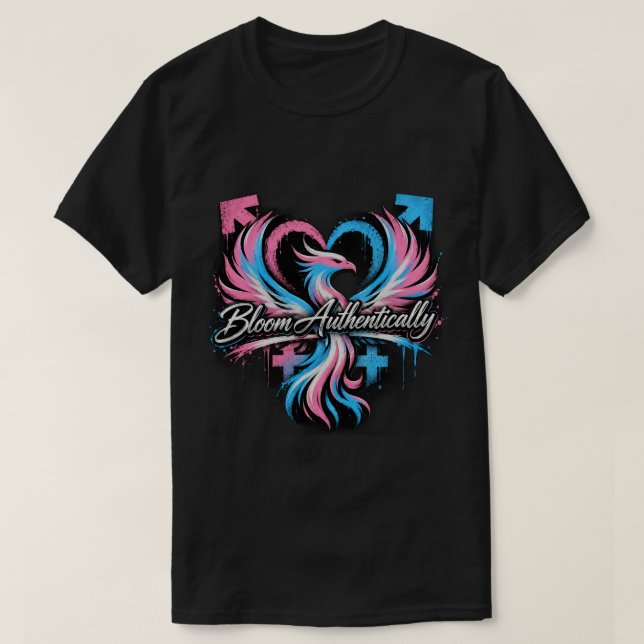 Camiseta "Floresça Autenticamente" Orgulho Trans Fenix Cora (Frente do Design)