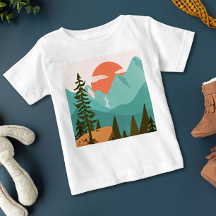 Camiseta Floresta Abstrata Moderna, Montanhas e Nascer do S