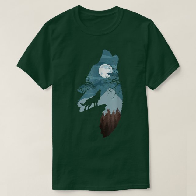 Camiseta Floresta com o cão FullMoon e Howling Wolfwolf (Frente do Design)